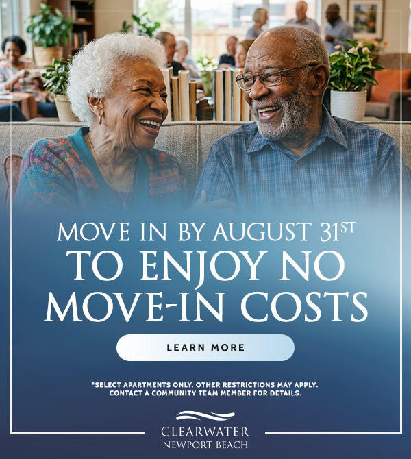 Smiling elderly couple in a living room with a blue promo banner about no move-in costs by Aug 31 for Clearwater Newport Beach.